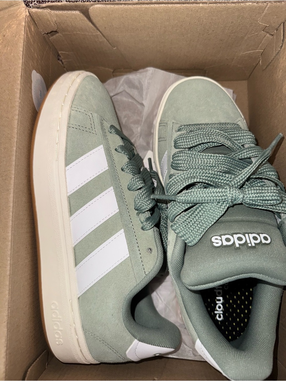 adidas  Women’s Sage Green Suede Grand Court Alpha Sneakers with White Stripes